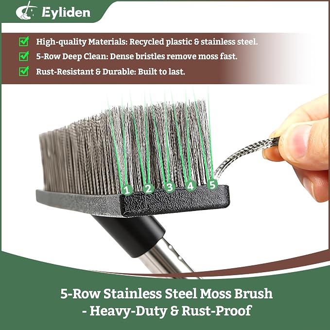 Eyliden Push Broom, 11.5-inch, Heavy Duty Moss Wire Scrub Brush | Stainless Steel Bristles, 65" Long Handle, for Deck, Floor, Concrete, Roof, Patio, Pool, Outdoor Cleaning