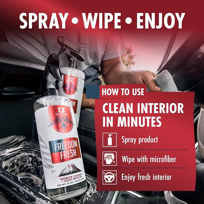 Freedom Fresh Car Interior Cleaner Spray, Cherry Pie, 32 oz | Auto Cleaner for Headliner, Mats, Interior Vehicle Cleaning, Car Dashboard Cleaner Stain Remover, Restores Shine