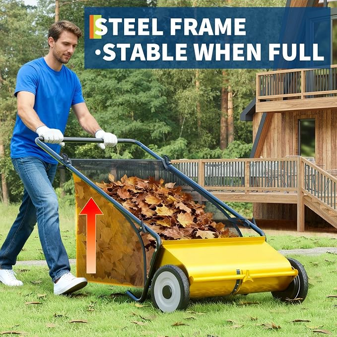 Garvee Push Lawn Sweeper,21-Inch Width Enhanced 4-Brush System with Large 3.5 cu. ft. Hopper Bag, Ideal for Yard and Garden Cleanup, Yellow | Brush Height Adjustment, All-Terrain Suitable, 7 cu.ft Hopper Bag, Durable Steel Frame, Easy Setup, Compact & ...