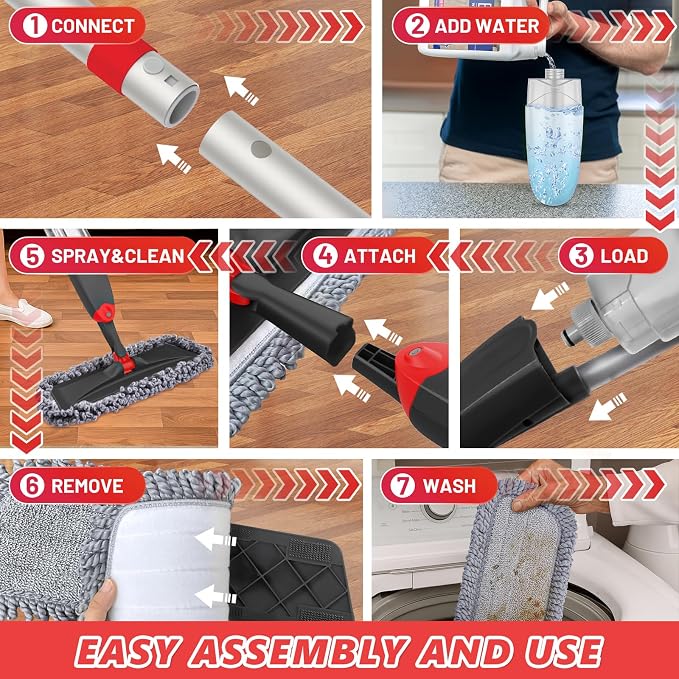 HOMTOYOU Microfiber Hardwood Floor Mop: Spray Mop for Cleaning Wood Floors | Wet Mopping & Dry Sweeping, 3 Reusable Refill Pads, 1Pcs 400+ML Refillable Bottle, 360° Swivel Head, Black