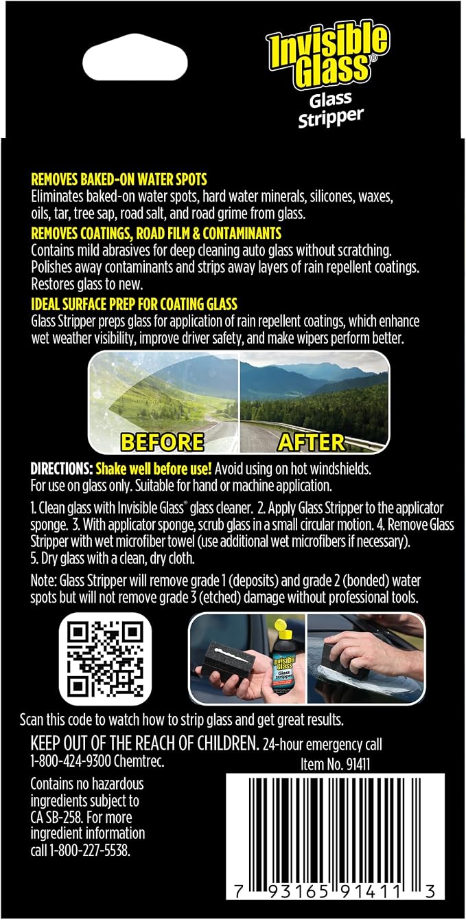 Invisible Glass 91411 Glass Stripper – Hard Water Spot Remover – Strips Coatings, Waxes, Oils & Road Film – Preps Windshields for Rain Repellent & Ceramic Coating, 4 Fl Oz (Pack of 2)