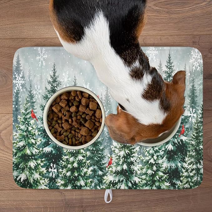 Winter Forest Snowflake Dish Drying Mat for Kitchen Counter 18"x24" | Christmas Green Pine Trees Birds Dish Drainer Mat Rustic Winter Holiday Absorbent Washable Drying Pad