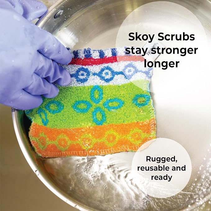 Skoy Scrub, 4-Pack Reusable, Non-Scratching Dish Scrubber for Kitchen and Household Cleaning, Planet-Friendly, Dishwasher Safe Soft Scrub, Monochromatic Colors