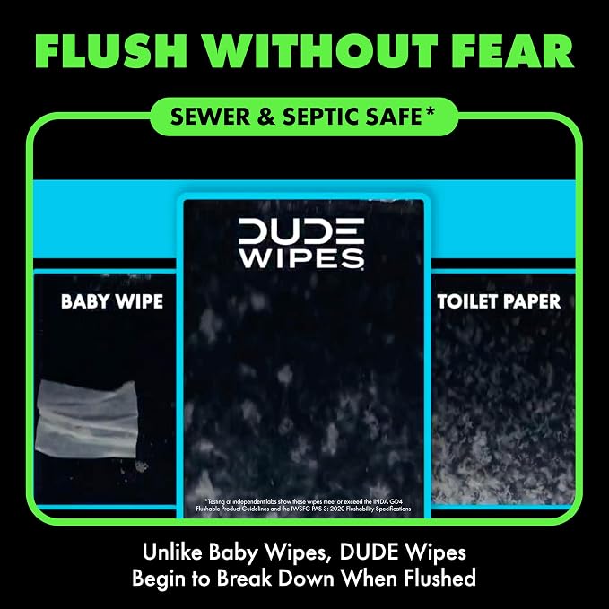 DUDE Wipes Herbal Relief Adult Flushable Wet Wipes, Witch Hazel, 144 Count | 3 packs of 48 extra large flushable butt wipes. Soothing relief. 99% water, geranium oil, vitamin E and aloe. Septic safe.