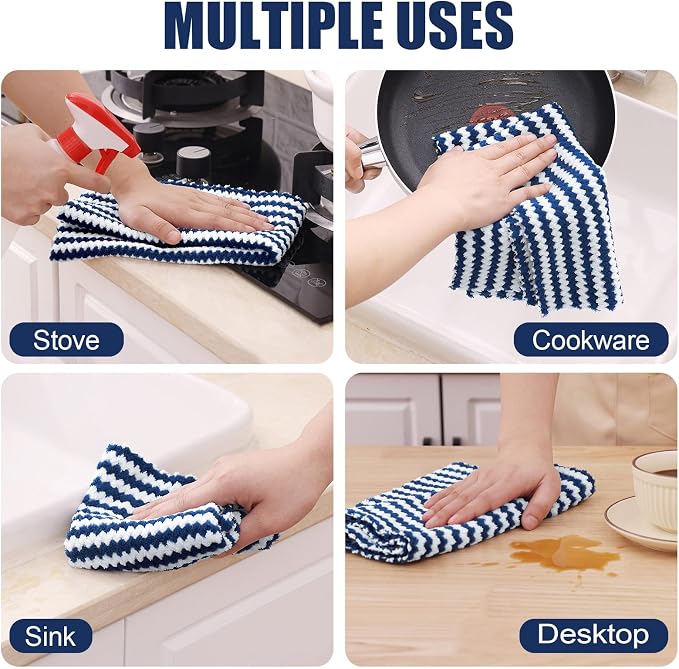 Homaxy Kitchen Towels(12 Pack, 10 x 20 inches), Ultra Soft and Absorbent Dish Towels, Reusable Fast Drying Microfiber Cleaning Cloth, Coral Velvet Wave Design No-lint, Navy Blue
