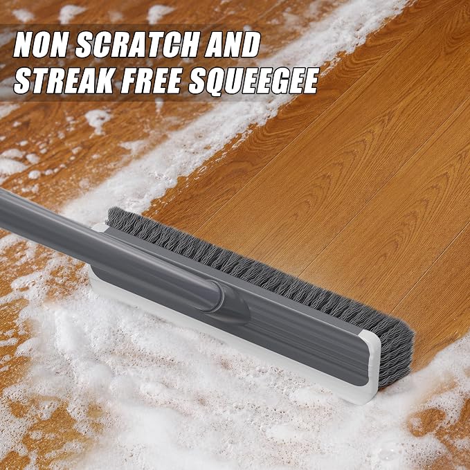 2 in 1 Floor Scrub Brush: Deck Brush with Squeegee | Long Adjustable Handle - 55'' Stiff Bristle Scrape Brush for Deck Patio Garage Shower Bathroom