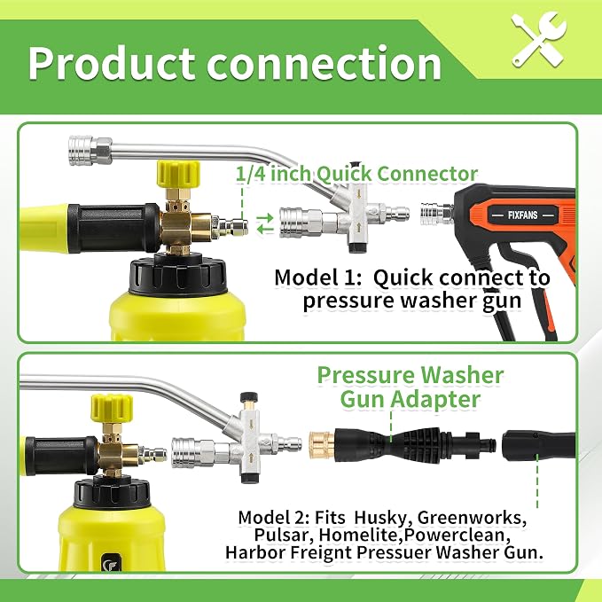 FIXFANS Foam Cannon, Compatible with Portland Husky and Ryobi Power Washer | Dual Connector Accessory, Replacement Gun Adapter, Double Tip Attachment Soap Cannon, 1/4" Quick Connect, 5 Nozzles, 1L