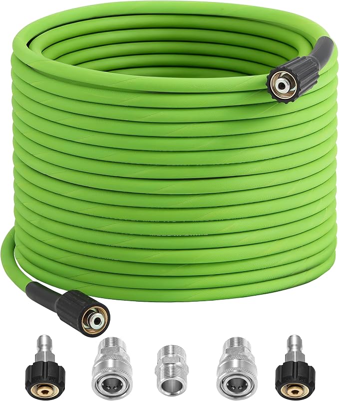 PWACCS Pressure Washer Hose 50 FT, 1/4" ID Steel Braided Power Washer Hose | M22-14mm Fittings, 4000 PSI High Pressure Wash Replacement Hose, Universal Adapter Kit, Green