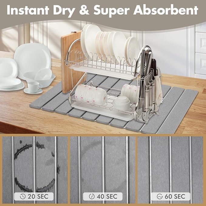 Large Stone Dish Drying Mat for Kitchen Counter, Eco-friendly, Instant Drying Pad,Diatomaceous Earth Water Absorbing Mat, Foldable and Super Absorbent Dish Drying Stone Mat, 24"×16", Light Gray