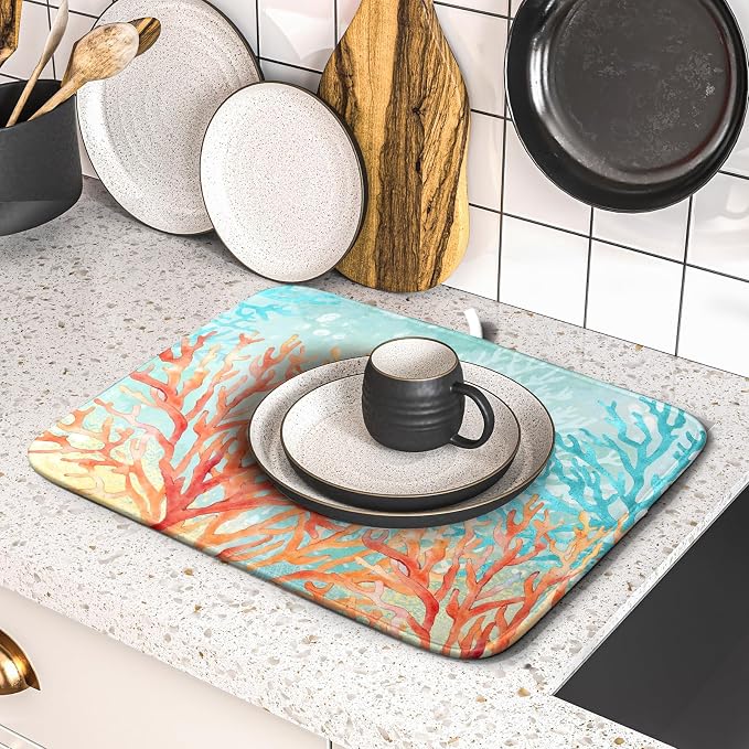 Giwawa Coastal Coral Dish Drying Mat Beach Ocean Drainer Rack Mat 16x18 Inch Microfiber Absorbent Reversible Dish Dry Pad for Kitchen Counter Sink
