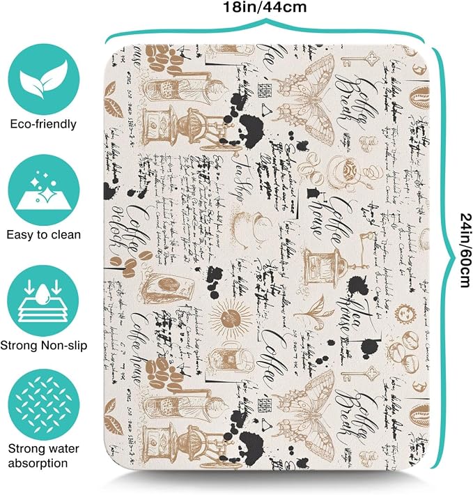 Absorbent Coffee Bar Mat - 24inx18in, Anti-Slip, Fits Under Coffee Machine, Dish Drying Mat for Countertops