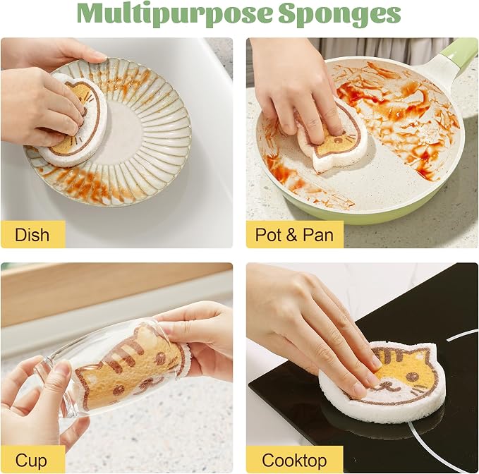 JOYMOOP Cartoon Kitchen Sponge, Cellulose Sponges for Cleaning, 4 Pack Non-Scratch Sponges for Dishes, Reusable Sponge for Household Cleaning - Kitten Pattern
