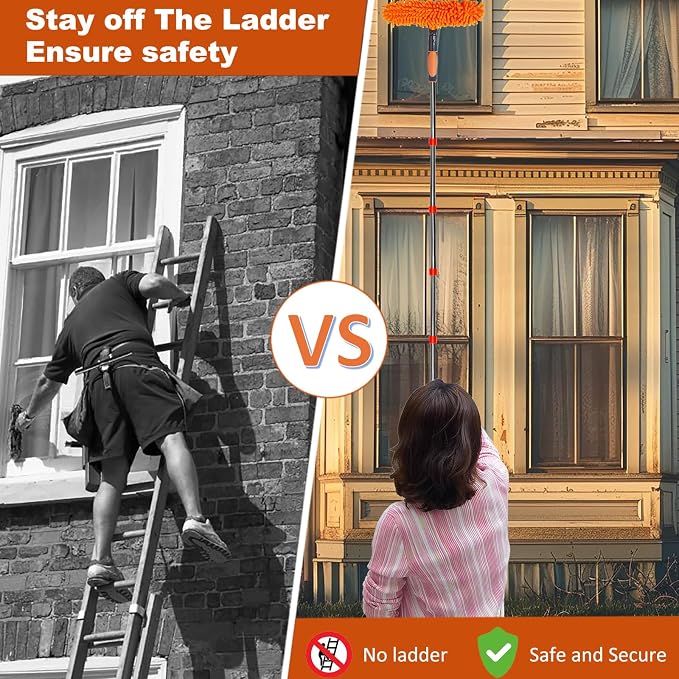 20+ Feet High Reach Duster Kit with 3-14 ft Extension Pole // High Ceiling Dusting and Window Cleaning Kit with Spliceable Pole - Window Washer & Squeegee, Cobweb Duster, Fan Blade and Feather Dusters