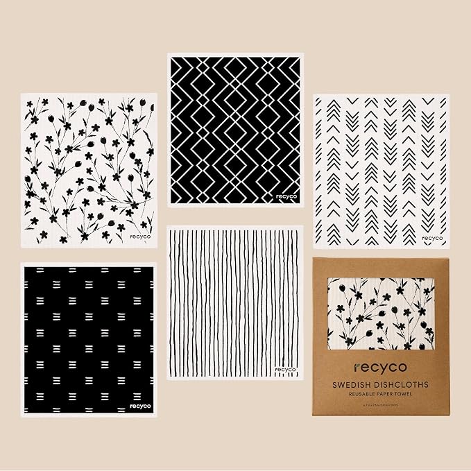 RECYCO Swedish Dishcloths for Kitchen | 5 Pack Geometric Washable Dish Rags | Cellulose Reusable Cleaning Paper Towels | Absorbent Counter Dish Cloth Sponge Kitchen Wipes, 8" L x 7" W