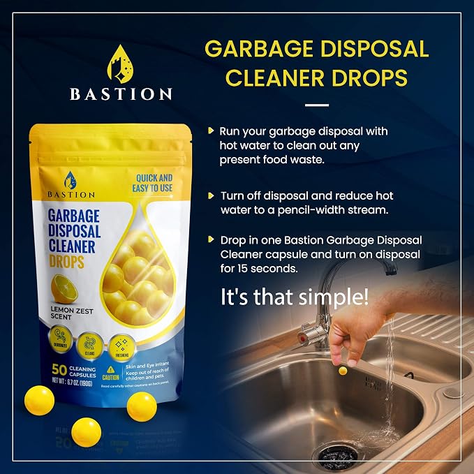 Bastion Garbage Disposal Cleaner Deodorizer Bundle - 24 Pack Disposer Tablets + 50 Count Lemon Zest Disposal Cleaning Drops