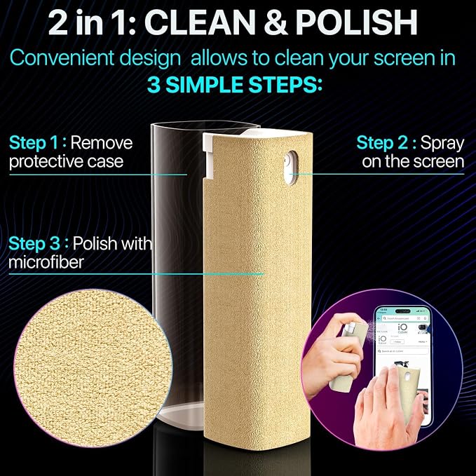 IO CLEAN Mini Screen Cleaner Spray – Finger Proof Screen Cleaner for | Smartphones, iPads, MacBooks, Laptops, Car Screens, Touchscreens – 3in1 Mist Cleaner, Microfiber Cloth and Cover (Dark Green)