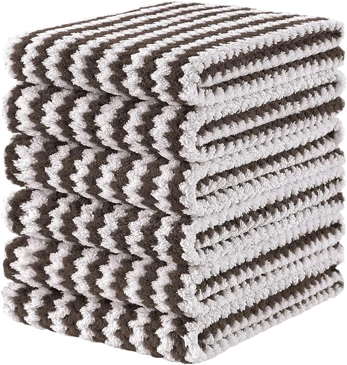 Homaxy Kitchen Towels(6 Pack, 10 x 20 inches), Ultra Soft and Absorbent Dish Towels, Reusable Fast Drying Microfiber Cleaning Cloth, Coral Velvet Wave Design No-lint, Brown