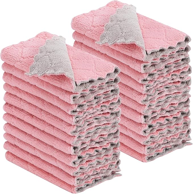 Rachan 22 Pack Kitchen Dish Cloths, Reusable Dish Towels, Nonstick Oil Washable Fast Drying, Super Absorbent Coral Velvet Cleaning Cloths for Cleaning Tableware, Kitchen, Bathroom (Pink-grey-10 x 6")