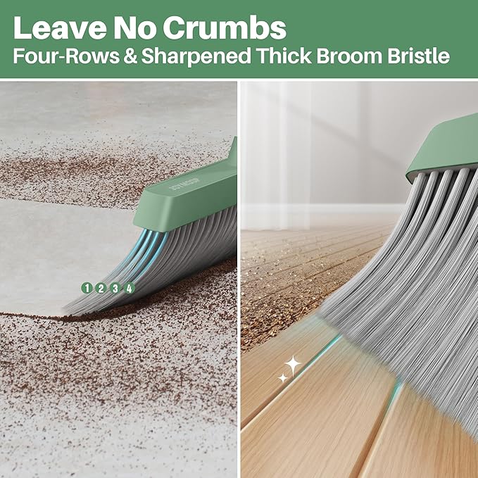 JOYMOOP Dark Teal Green Broom and Dustpan Set, Upright Angle with Built-in Comb Teeth, Ideal for Home, Office, Hardwood, Pet Hair