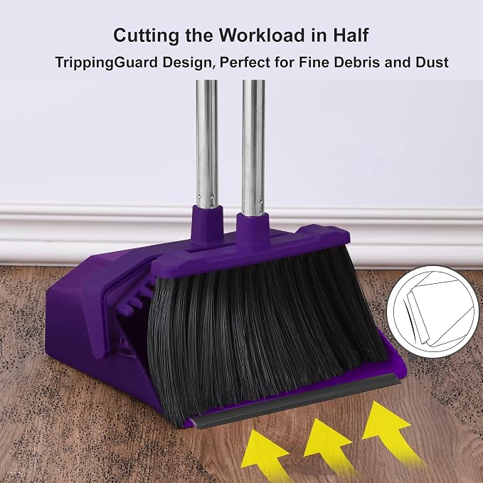 Broom and Dustpan Set for Home, 51" Long Handle Standing Dustpan Purple | Self-Cleaning Dust Pan and Brooms, ZeroGap Lip, Upright Storage Broom Combo for Kitchen Lobby Office Restaurant Indoor