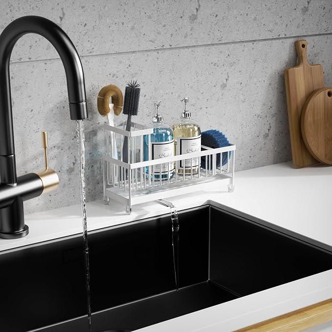 Moforoco Extra Large Kitchen Sink Caddy, Rustproof Sponge Holder for Kitchen with High Brush Holder, Stainless Steel White Kitchen Caddy Countertop Organizer, Sponge Caddy for Kitchen