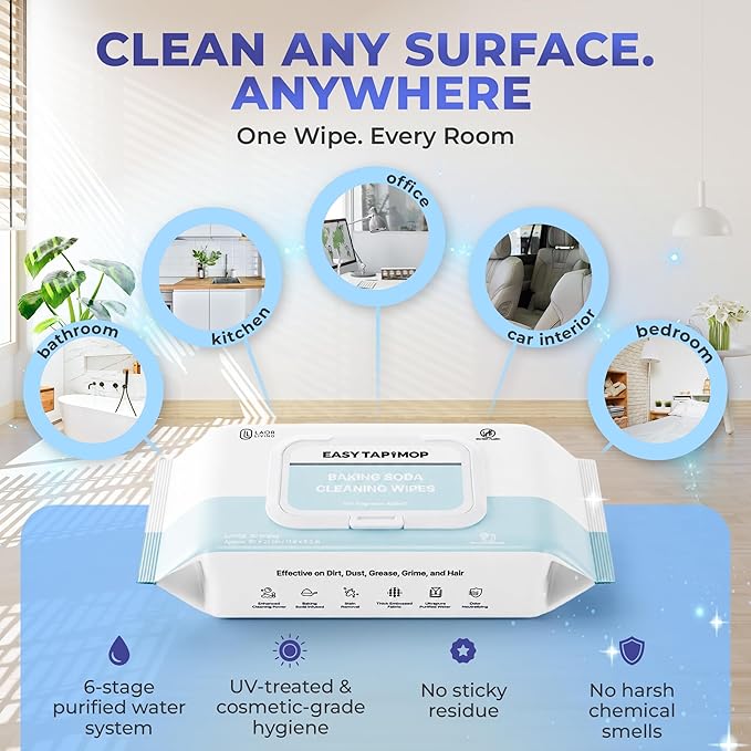Baking Soda Cleaning Wipes - Wet Floor Mopping Pad Refills | Replacement Compatible with Swiffer Sweeper Mop - Larger & Thicker Disposable Cloths for Multi-Surfaces - 30 Count (9 Pack)