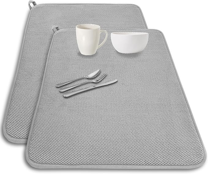 2 Pack Large Dish Drying Mat,24x17 Inch Absorbent Microfiber Dishes Drainer Mats,Dish Drying Pad for Countertops,Sinks,Draining Racks(Gray)