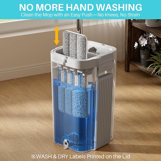 JOYMOOP Flat Mop System, 8L Mop and Bucket Set with Extension Handle, White, Large Capacity Floor Cleaning Mop for Household & Commercial Use, Includes 5 Microfiber Pads for Wet & Dry Cleaning