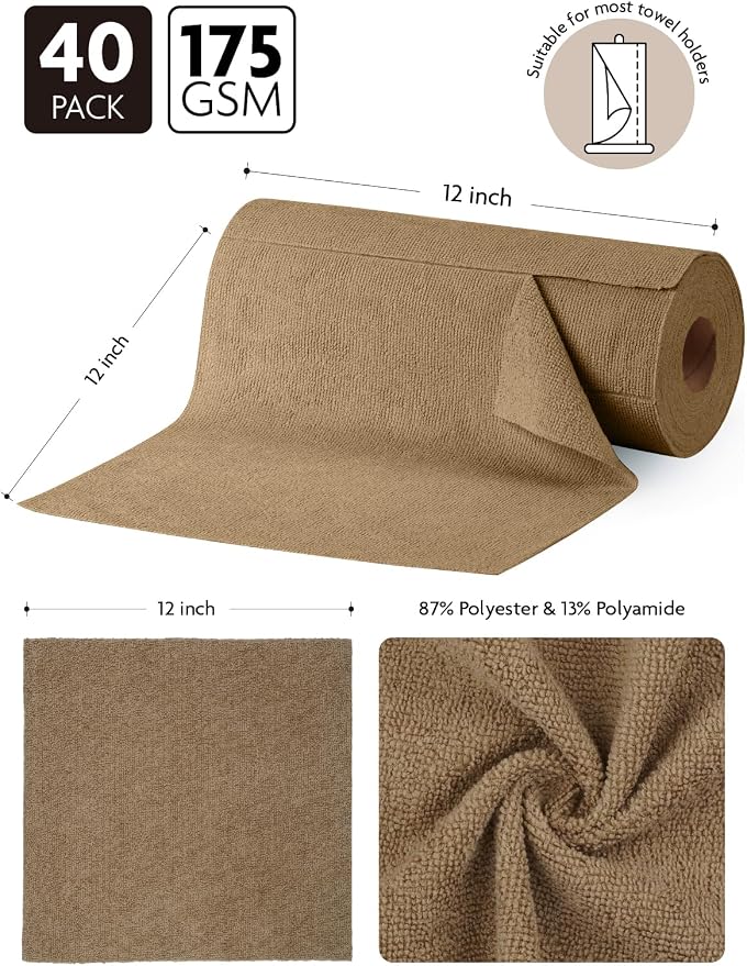 Fantasticlean Microfiber Cleaning Cloth Roll- 40 Sheets, 12" x 12" (Tan) | Super Absorbent, Lint-free, Tear-away Microfiber Towel Roll, for All-Purpose Cleaning