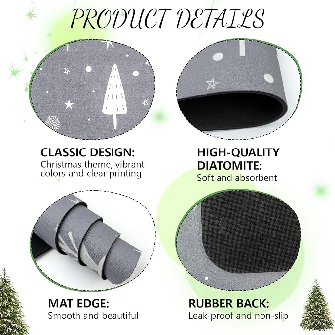 Christmas Dish Drying Mat, 12" x 19" Drying Mat for Kitchen Counter, Super Absorbent Coffee Mats Fits Under Coffee Maker, Kitchen Accessories for Espresso Machine, Gray