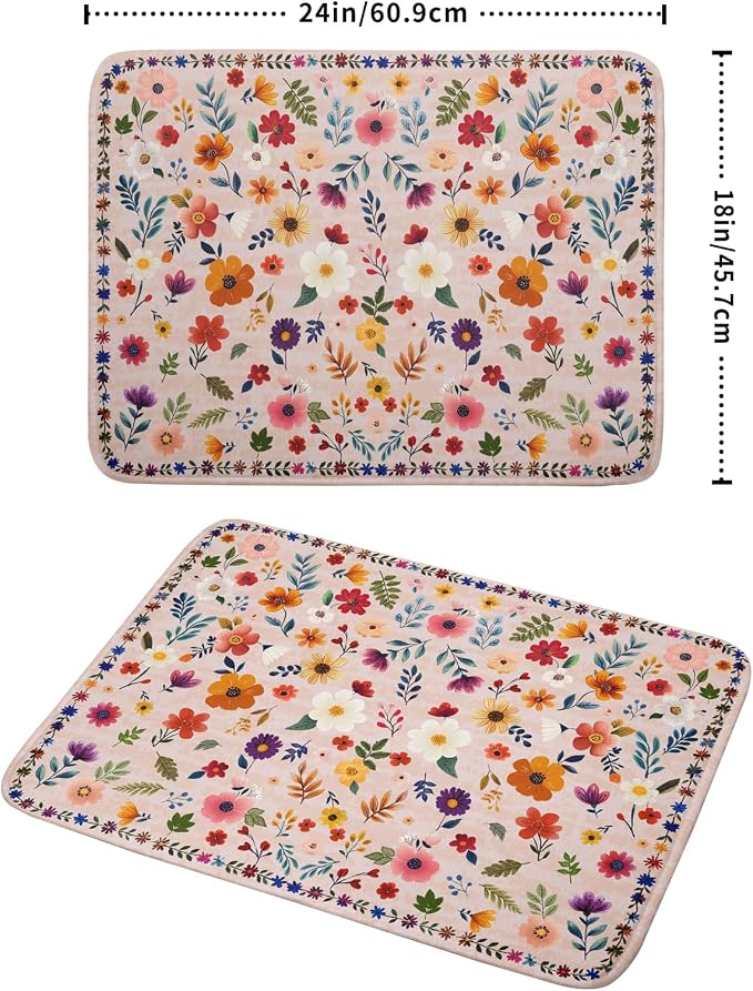 Spring Flowers Dish Drying Mat - Summer Pink Floral Washable Decorative Drying Pad for Women Home Kitchen Decor