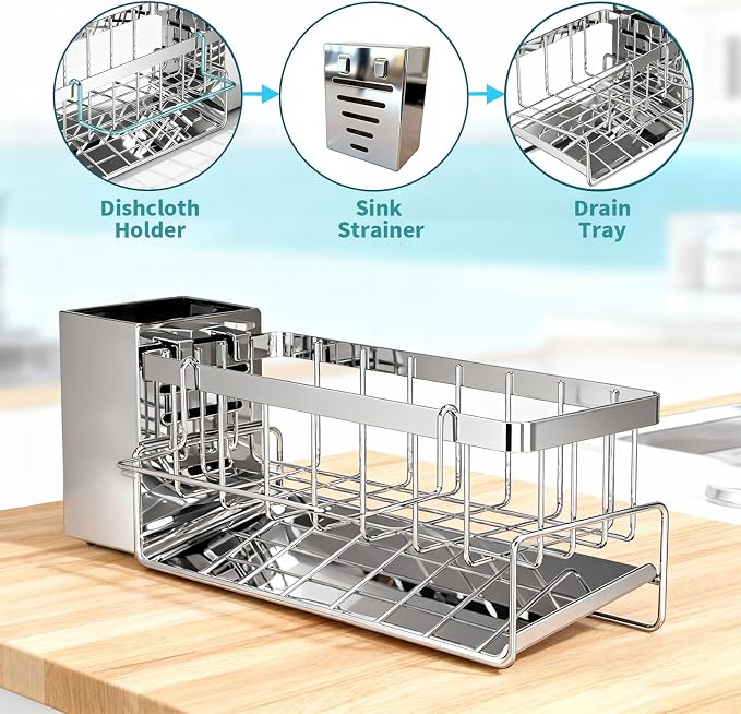 HoMaNa Sponge Holder for Kitchen Sink, Stainless Steel Sink Caddy Organizer, 30° Tilt Self-Drainage, Sponge Holder with Dish Brush Holder, Removable Dishcloth Rack for Kitchen Storage Box, Silver