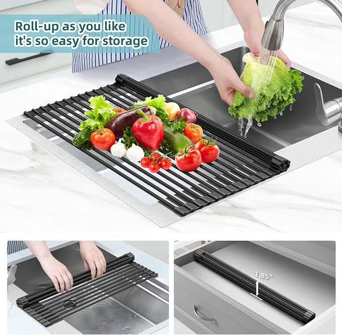 Ohuhu Over The Sink Dish Drying Rack, 20.5" W x 13.1" L Rolling Dish Drainer Foldable Sink Accessories Heat-Resistant Mat Anti-Slip Silicone Coated Dish Racks for Kitchen Counter