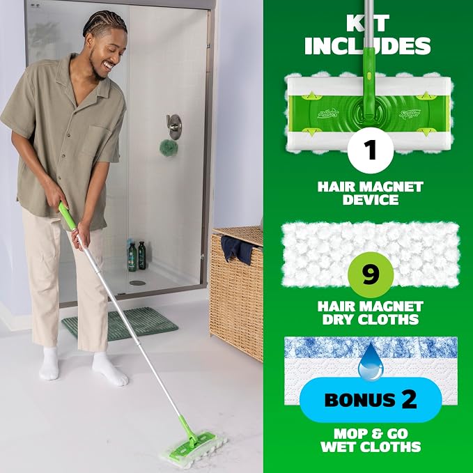 Swiffer Hair Magnet Deluxe Starter Kit with Collapsible Pole, 9 Hair Magnet Dry Cloths, 2 Bonus Mop & Go Wet Cloths