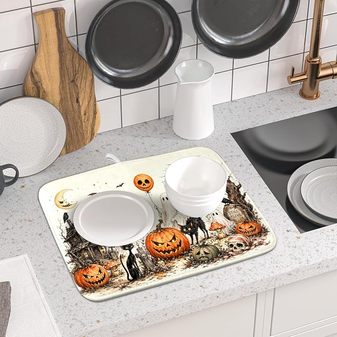 Giwawa Halloween Pumpkin Ghost Dish Drying Mat Black Cat Microfiber Dishes Pad 16x18 Inch Holiday Dish Drainer Rack Mats for Kitchen Counter Sink
