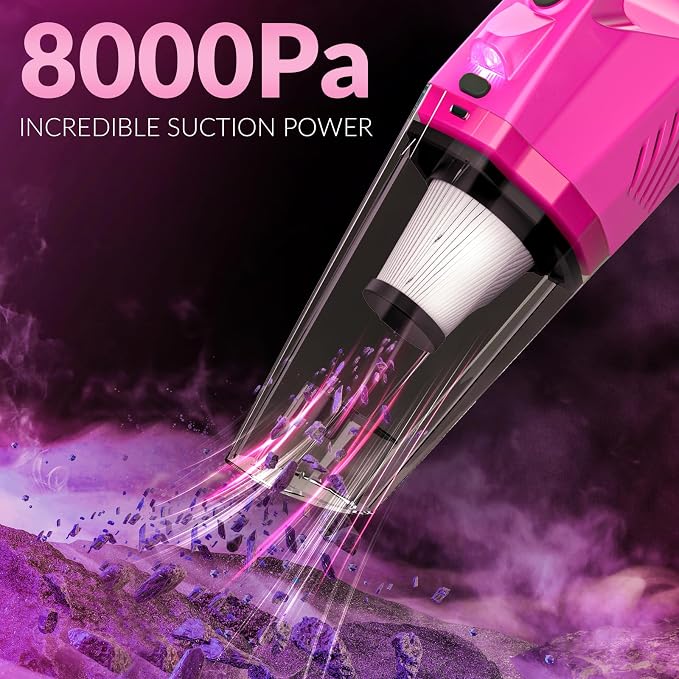 ThinkLearn Car Cleaning Kit with High Power Car Vacuum Detailing Kit | Cute Pink，Powerful 8000Pa Suction，15ft Long Cord，24piece Set，Interior Cleaning Deep Cleaning，Car Accessories Gift For Women