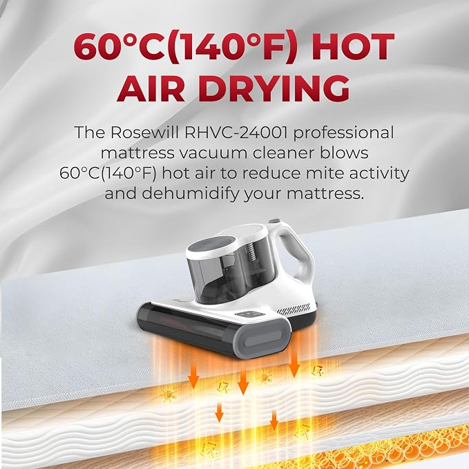 Rosewill Mattress Vacuum Cleaner: 450W 16Kpa Strong Suction, 253.7nm UV-C Light, Ultrasonic & High Heating Tech, Dual Dust Cup, Corded - White Grey