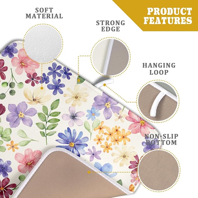 Spring Floral Dish Drying Mat for Kitchen Counter 16x18 Easter Green Pink Purple Blue Cute Flower Print Absorbent Reversible Microfiber Drying Mats Kitchen Countertop Protector Dishes Drainer Pad