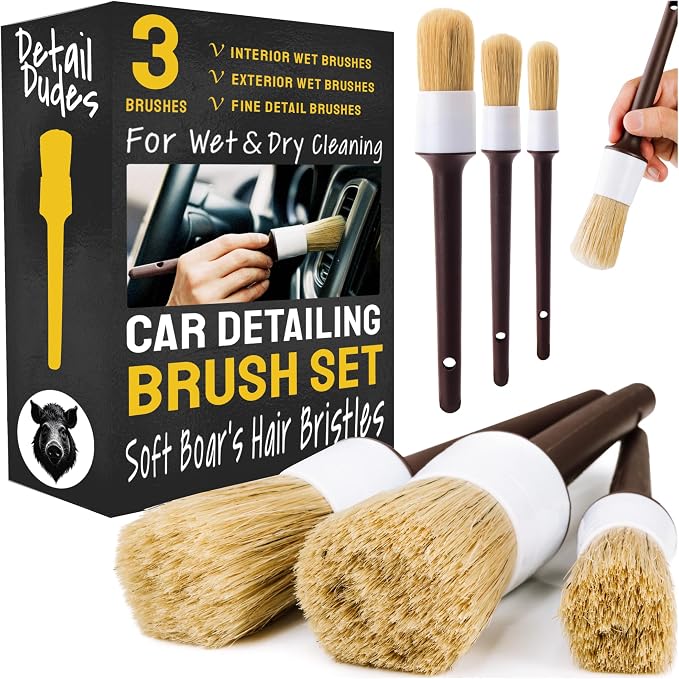 Car Detailing Brush Set 3-Pack, Interior and Exterior, Detail Dudes | Scratch-Free Boars Hair - Exterior & Interior Cleaning Brushes - Safe for Leather, Piano Black Trim, Dashboards & Wheels