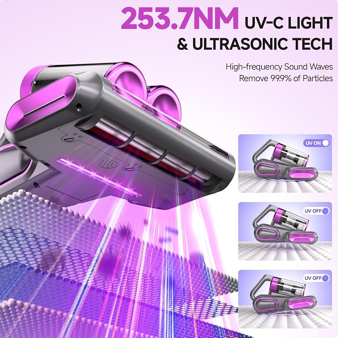 Mattress Vacuum Cleaner - 16Kpa Bed Vacuum with 253.7nm UV-C Light, 140°F Heat, Ultrasonic Tech & Hepa Filter, Portable Handheld Couch Cleaners for Pet Carpet Sofa Hair Home, Purple-Cordless