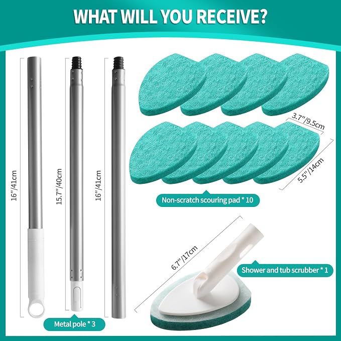 Creatyi Professional Shower Scrubber with Long Handle, Shower Cleaner Brush, Shower and tub Scrubber with 10 PCS Non-Scratch Scouring Pads for Bathroom Shower and tub