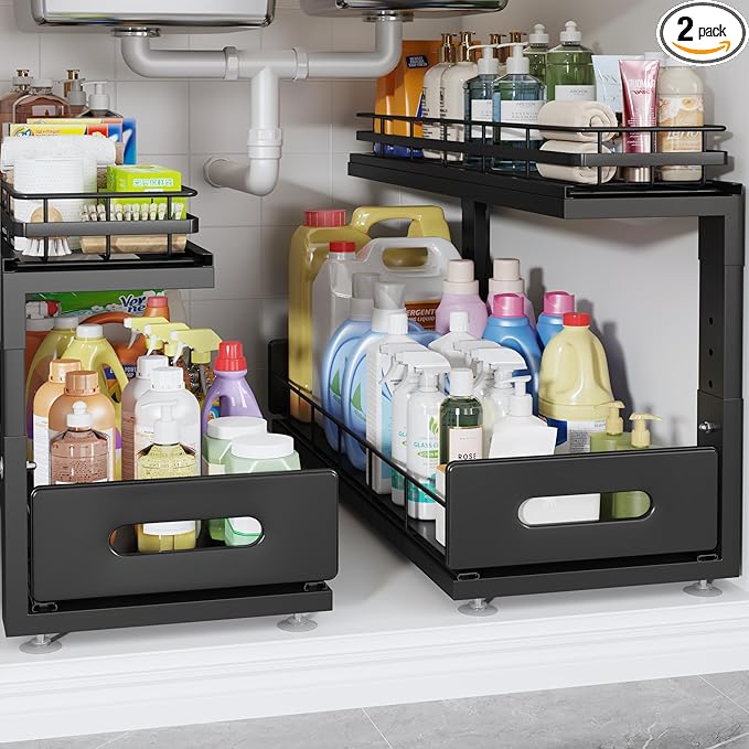 Under Sink Organizer Upgrade To Professional Rails,2-Tier Dual Pull Out Cabinet Storage,Height Adjustable Slide Out Drawers For Bathroom Kitchen,2 Pack-21"Dx12.8"-16.9"H,Black