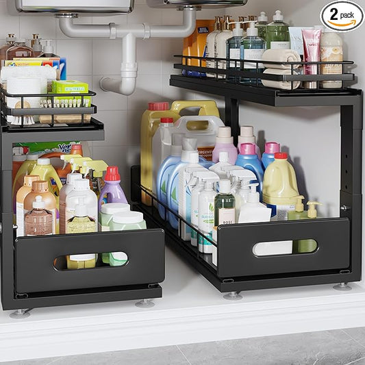 Under Sink Organizer Upgrade To Professional Rails,2-Tier Dual Pull Out Cabinet Storage,Height Adjustable Slide Out Drawers For Bathroom Kitchen,2 Pack-21"Dx12.8"-16.9"H,Black