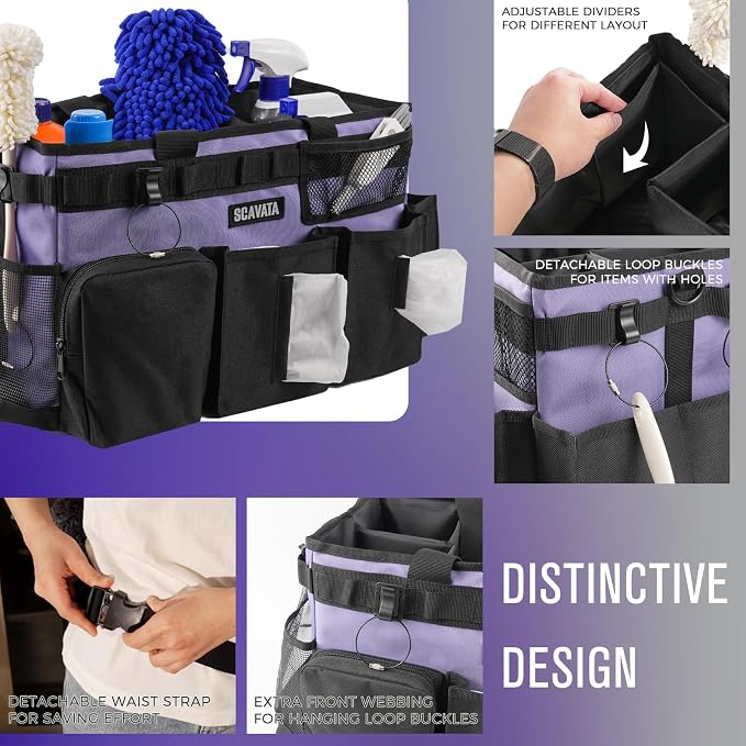 SCAVATA Wearable Cleaning Caddy Bag, Cleaning Caddy Supplies Organizer with Handle & Shoulder Straps for Housekeepers, Under Sink & Car Cleaning Tool Organizers with 4 Foldable Divider (Purple)