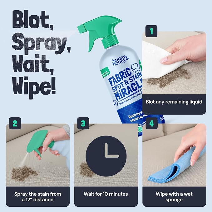 Sunny & Honey Upholstery Cleaner Spray for Furniture & Fabrics, 32floz Mint | Made in the USA - Enzymatic Mattress, Fabric, Upholstery and Couch Cleaner - Color Safe - Removes Old and New Stains