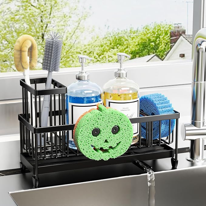 Moforoco Larger Version Sponge Holder for Kitchen Sink, Sink Caddy with High Brush Holder, Kitchen Sink Organizer Countertop Rustproof 304 Stainless Steel (Black with Smiley Face Holder)
