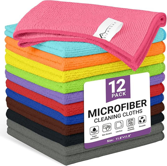 12 Pack Microfiber Cleaning Cloth, 11 Assorted Colors Cleaning Rags for Housekeeping, Colorful Reusable Microfiber Towels for Car, Kitchen, Bathroom and Household Cleaning Supplies, 11.8"X11.8"