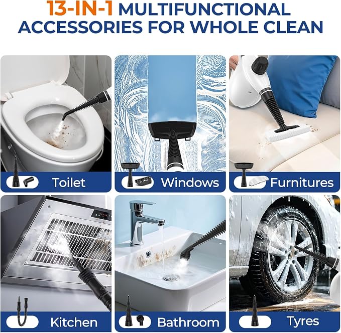 13Pcs Pressurized Handheld Steam Cleaner, Portable Deep Cleaning Steamer | Natural Deep Cleaning, Multi-Purpose for Home, Grout, Kitchen, Car, Window, Upholstery, Bathroom and Clothes