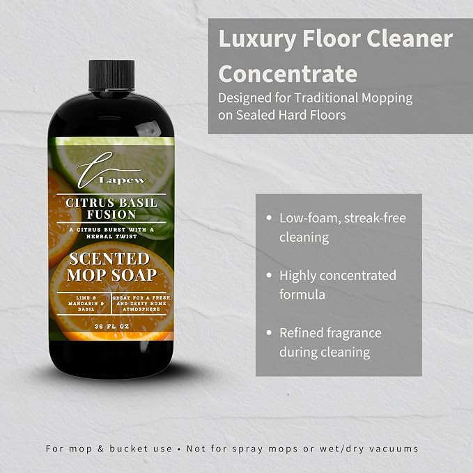 Lapew Citrus Basil Scented Mop Soap - Luxury Floor Cleaner Concentrate for Mopping Tile, Laminate, Vinyl & Hardwood | Streak-Free, Low-Foam | 36 oz