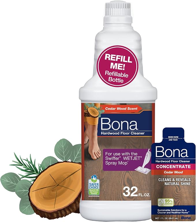 Bona Hardwood Floor Cleaner Bottle for use with Swiffer WETJET Spray Mop, Cedar Wood Scent, makes 64 Fl Oz - Includes Filled Bottle + Concentrate Refill for Wood Floor Cleaning